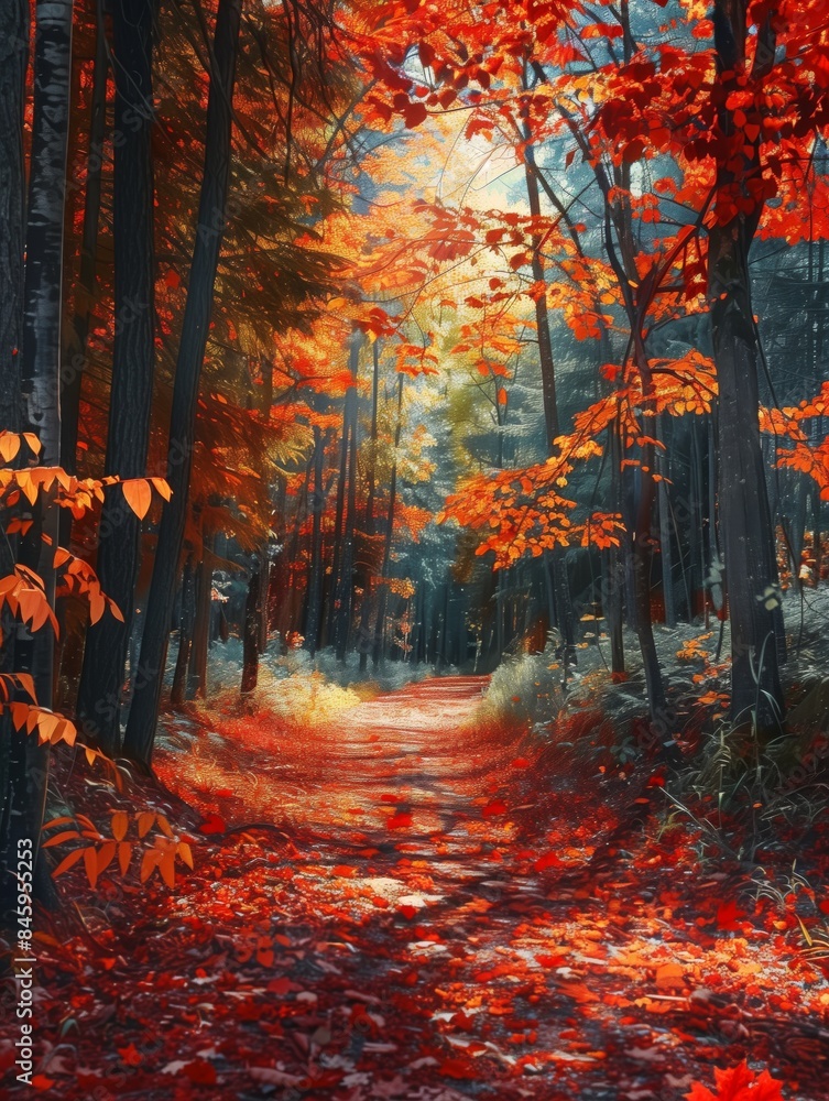 Fototapeta premium A forest path covered in carpets of red maple leaves, with tall trees on both sides