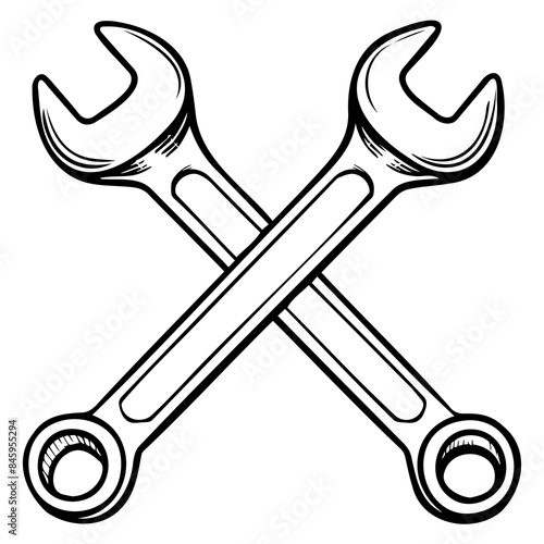 Black and white vector icon of two crossed wrenches, symbolizing repair tools and mechanical work.