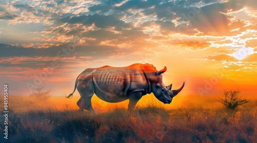 Rhinoceros going in savannah at sunset with double exposure. A beautiful rhino in the African savanna. Beautiful safari print design, interior picture
