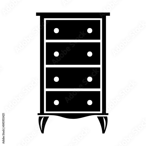 A black and white icon of a dresser with drawers, depicted in a minimalistic style.