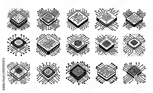 AI processor black isometric vector icons. Chip microprocessor semiconductors artificial intelligence computing pc component microcircuit isolated on white background