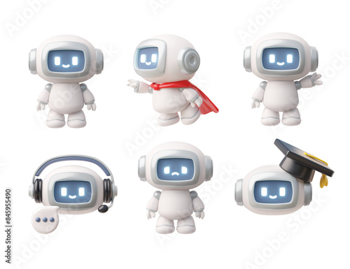 Cute robot chatbot icons in various roles 3D vector illustration set