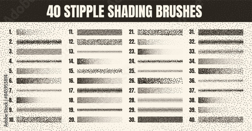 Stipple scatter brush, ink drawing and texturing. Fading gradient. Stippling, dotwork drawing, shading using dots. Halftone disintegration effect. White noise grainy texture. Vector illustration