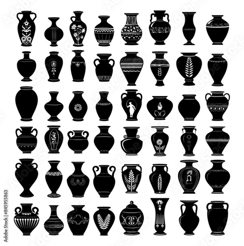 Antique vases black silhouettes vector set. Greek jugs roman pots clay vessels ancient container icons isolated on white background