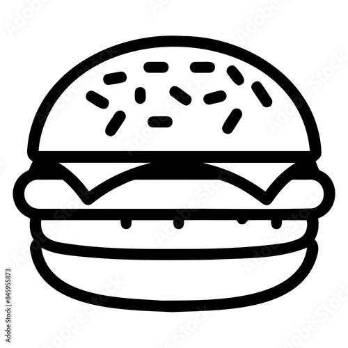 A simple black and white icon of a burger with sesame seed bun, cheese, and patty.