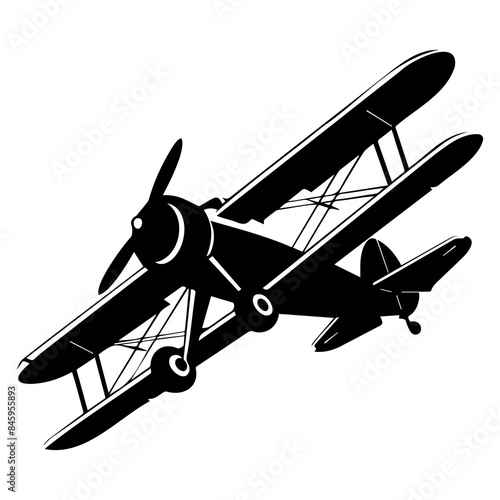Black and white icon of a vintage biplane, ideal for aviation-themed designs, historical illustrations, and retro branding.