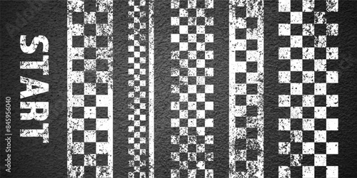 Asphalt road with white start or finish checkered line marking, concrete highway surface, texture. Street traffic lane, road dividing strip. Pattern with grainy structure. Vector illustration