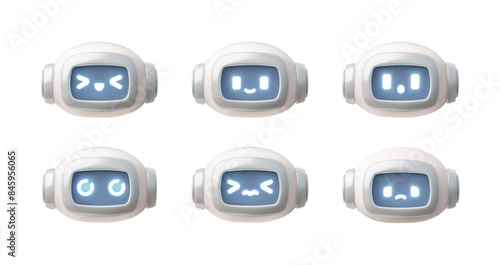 Set of various facial expressions, 3D chat bot. Isolated background.