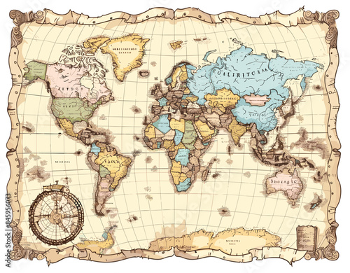 Antique world map cartoon vector illustration. Paper continents mainlands sea ocean ancient parchment navigation routes scroll rare document isolated on white background
