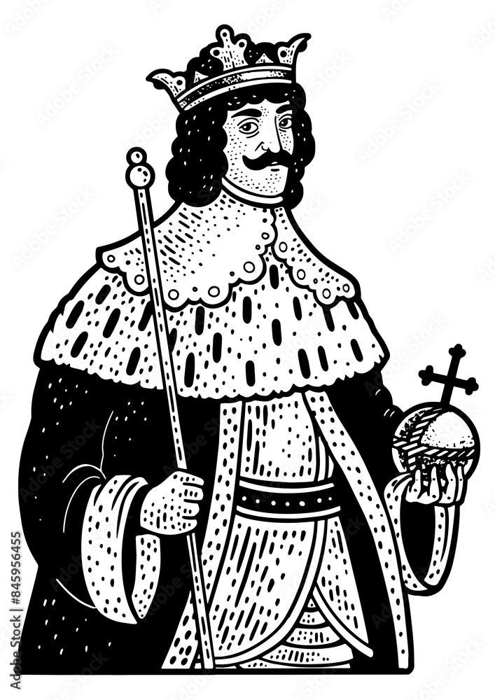 Obraz premium medieval king monarch with crown sketch engraving PNG illustration. T-shirt apparel print design. Scratch board imitation. Black and white hand drawn image.