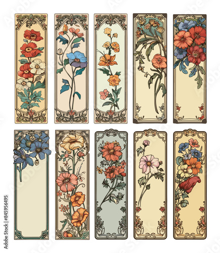 Art nouveau floral banners cartoon vector set. Plants buds stems leaves curl decoration ornaments romantic retro vintage empty frames, illustration isolated on white background