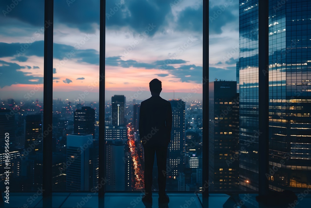 A contemplative man stands by a large window, gazing at the cityscape at sunset. The serene atmosphere and the breathtaking view of the illuminated skyscrapers A contemplative man stands by a large window, gazing at the cityscape at sunset. The serene atmosphere and the breathtaking view of the illuminated skyscrapers