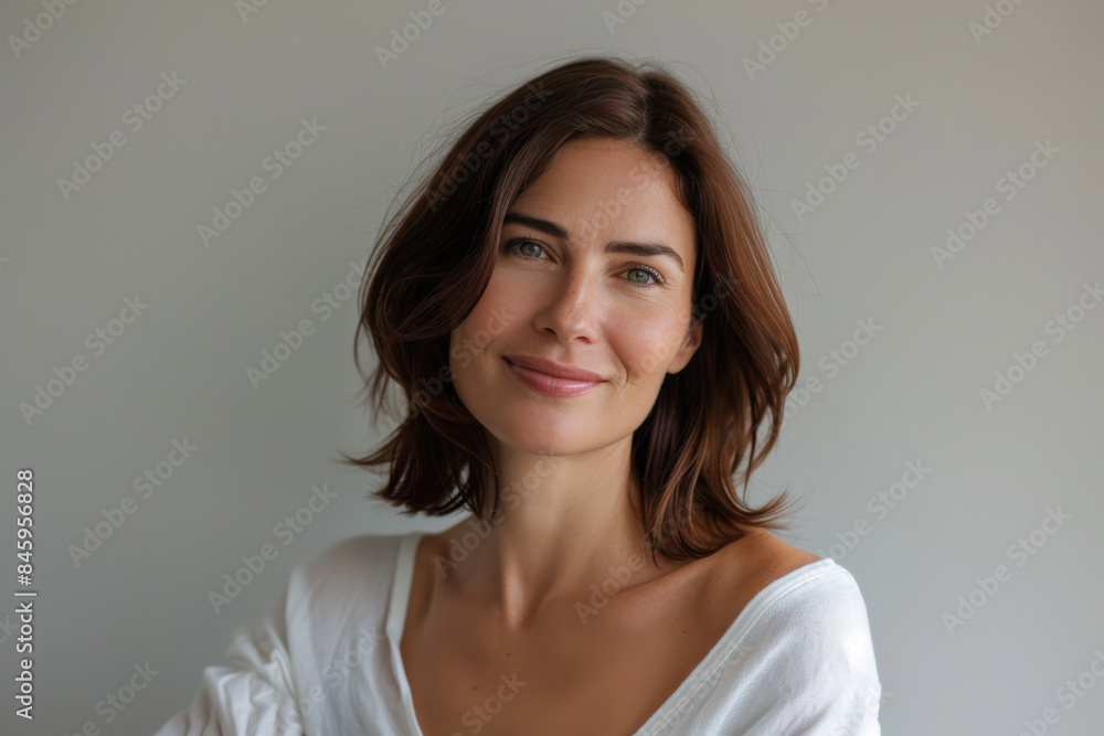A close up portrait of a woman with a subtle smile A close up portrait of a woman with a subtle smile