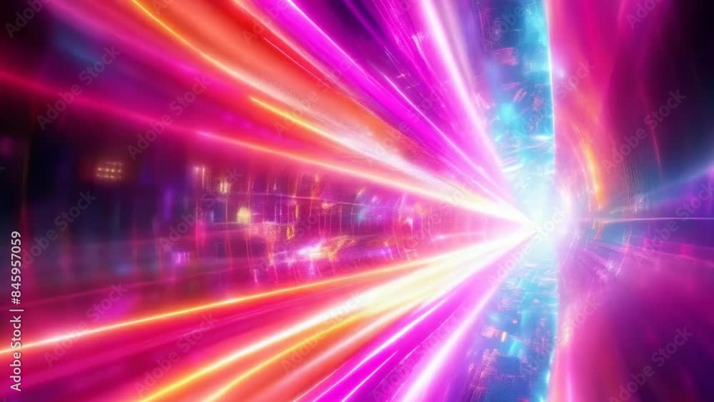 A vibrant display of vivid colors and neon lights creates a futuristic tunnel effect. The photo captures streaks of pink, blue, and purple light converging towards a bright vanishing point. A vibrant display of vivid colors and neon lights creates a futuristic tunnel effect. The photo captures streaks of pink, blue, and purple light converging towards a bright vanishing point.
