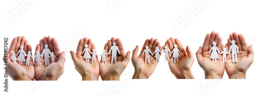 Hands holding paper cutout families on transparent background photo