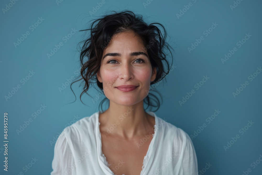 A close up portrait of a woman with a subtle smile A close up portrait of a woman with a subtle smile