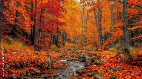 Autumn leaves in a forest, with a brook running through the vibrant scene.