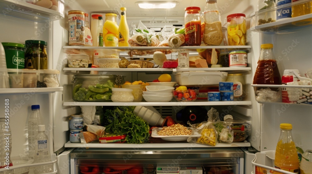 A cluttered refrigerator with various food items, including jars, bottles, containers, and fresh produce. A cluttered refrigerator with various food items, including jars, bottles, containers, and fresh produce.