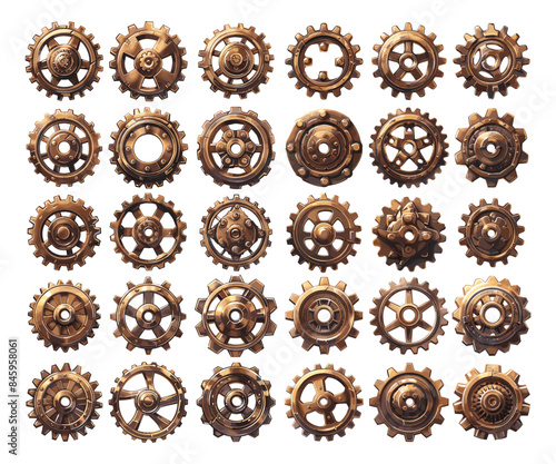 Bronze gears cartoon vector set. Round circles geared wheel steampunk metal brass mechanisms vintage retro parts machinery components, illustration isolated on white background
