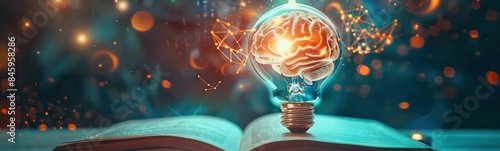 Concept of education and success. Online education, is a new idea. Collage with a brain, gears, and book. book of knowledge lightbulb brain photo