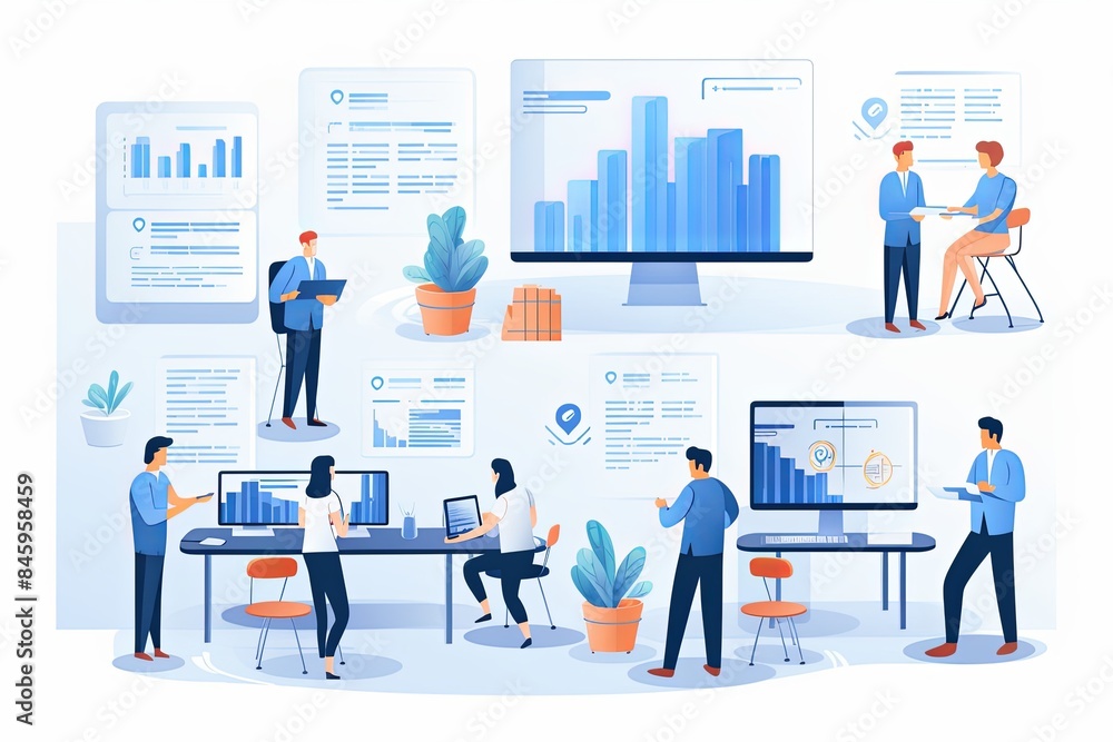 flat vector style illustration, a diverse group of people talking and collaborating flat vector style illustration, a diverse group of people talking and collaborating