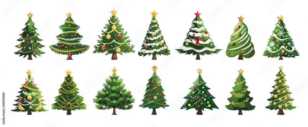 Obraz premium Christmas trees cartoon vector set. Green stars bows balls snow garlands fir needles holiday plants decorations vacation symbols isolated on white background