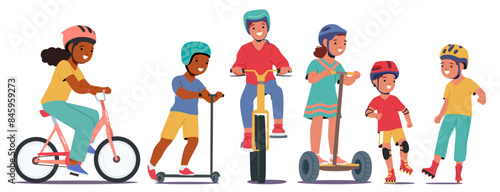 Happy Kids Wearing Helmets And Riding Various Vehicles Including Bikes, Scooters, And Hoverboards, Vector Illustration