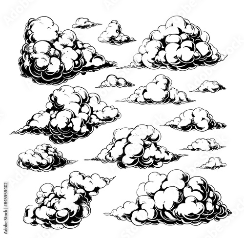 Clouds ink sketch vector set. Steam vape air fog accumulations rain snow smoke isolated on white background