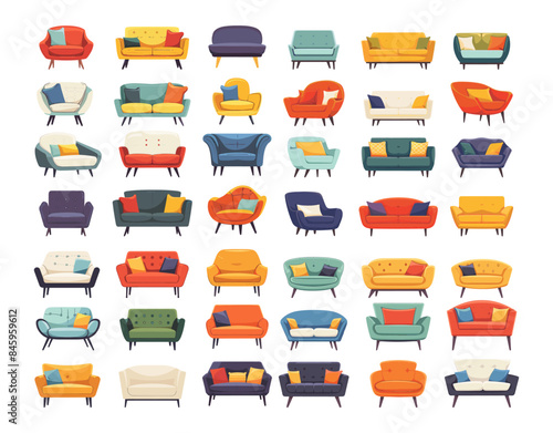 Couches cartoon vector set. Sofa bed pillows chair upholstered furniture living room hall interior elements, illustration isolated on white background