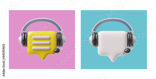 Dialog boxes with headphones on a bright background. Collection in 3D vector.