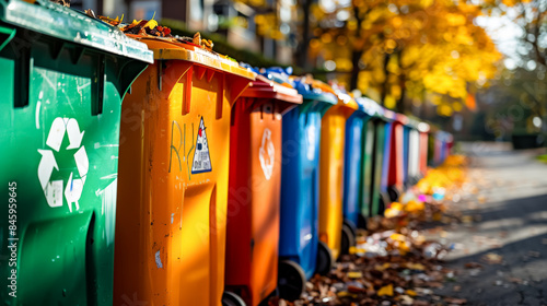 A row of trash cans with different colored lids, including green, orange, and blue. The green trash can has a recycling sign on it photo