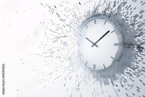 An abstract depiction of a clock exploding into digital fragments against a white background