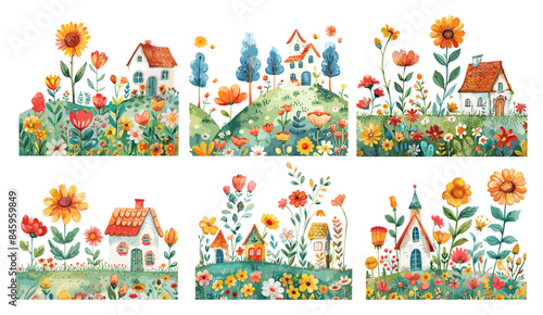 Countryside cartoon vector concepts. House window pipe garden flowers hill meadow plants stems buds grass trees roof clouds sun farm cute tiny buildings, isolated scene on white background
