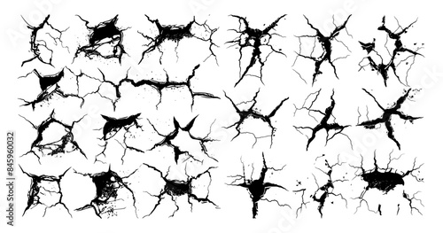 Cracked ground black ink sketch vector set. Splits dry soil drought gap hole wrinkles texture isolated on white background