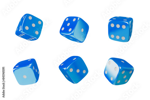 Game dice view from different angles realistic 3d vector icons set, blue cube with white dots, gambling games casino