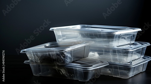 Lots of hygienic plastic food packaging boxes. stack of single-use plastic containers for food delivery. isolated on dark background 