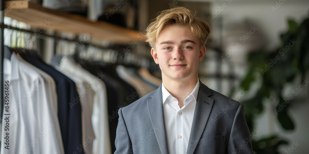 Obraz premium Young man in suit smiling in clothing store, professional image concept