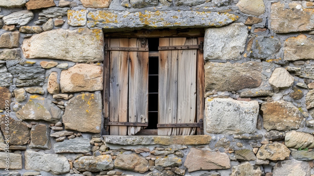Wooden window set in an ancient stone wall Wooden window set in an ancient stone wall