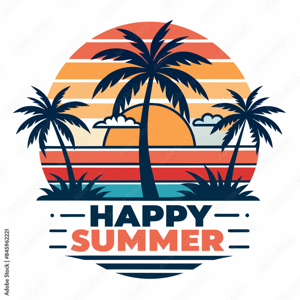 A tropical sunset with palm trees is vividly depicted against a round backdrop, evoking the warmth and enjoyment of the summer season. Below the scenic design, the words HAPPY SUMMER A tropical sunset with palm trees is vividly depicted against a round backdrop, evoking the warmth and enjoyment of the summer season. Below the scenic design, the words HAPPY SUMMER
