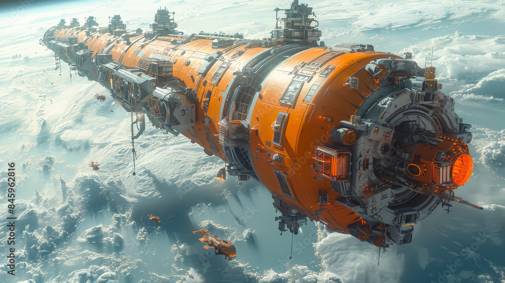 A large space ship is flying through the sky with a bright orange light coming from the front. The ship is surrounded by clouds and he is on fire A large space ship is flying through the sky with a bright orange light coming from the front. The ship is surrounded by clouds and he is on fire