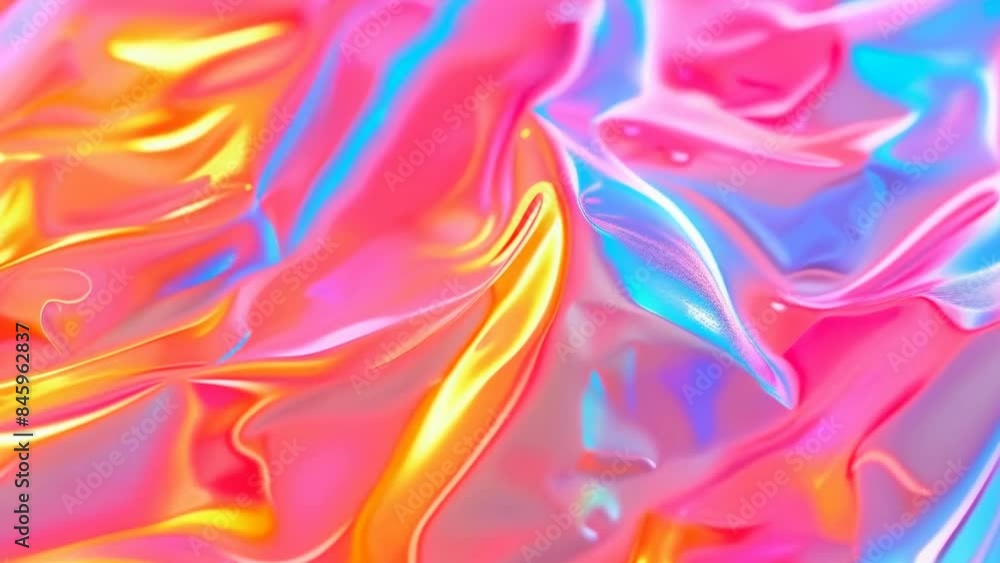 A close-up of a vibrant holographic fabric showcasing multicolored iridescent patterns. The fabric reflects a spectrum of colors including pink, blue, yellow, and orange, creating a dynamic A close-up of a vibrant holographic fabric showcasing multicolored iridescent patterns. The fabric reflects a spectrum of colors including pink, blue, yellow, and orange, creating a dynamic