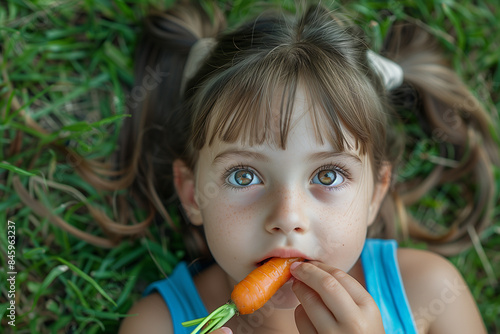 Young Girl Eating Carrot In Grass