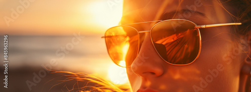 Close-Up Of A Woman Wearing Sunglasses Reflecting The Sunset Light