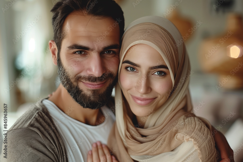 Happy Muslim Couple Standing Together in Their Home Happy Muslim Couple Standing Together in Their Home