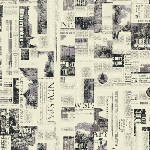 seamless pattern with collage of newspaper or magazine clippings. Vector background in retro grunge style with titles  illustrations and imitation of text. Suitable for wallpaper  wrapping paper  fabr
