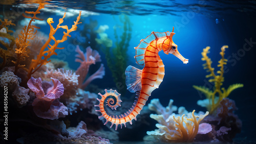 A female Seahorse fish, with a slender body and characteristic seahorse features, floats gracefully in a serene aquarium © virtual_arts