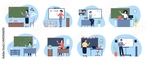 Teachers at blackboards. Male female teacher in classroom stand near chalkboards and modern board. College school education, recent vector scenes