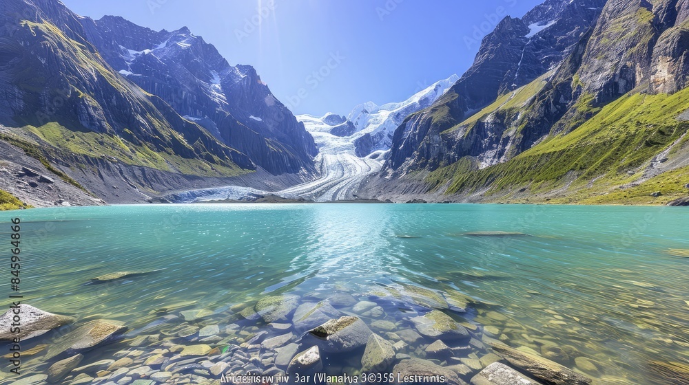 Fototapeta premium Glacial lake surrounded by high mountains, the water a brilliant turquoise from glacial melt, under a clear blue sky.