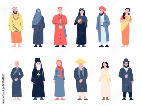Monks and nuns. Religious people in traditional clothes, nun and priest flat characters. Catholic orthodox hinduism muslim recent vector men and women