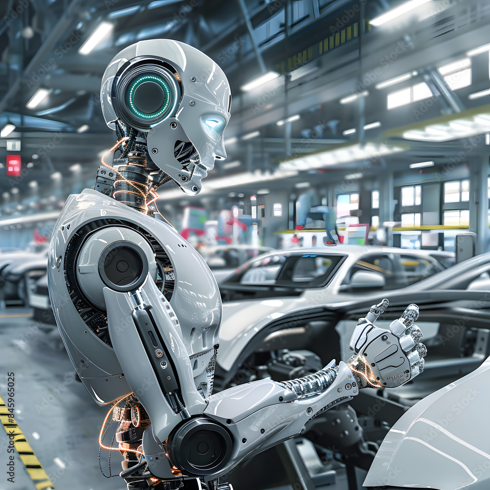 Fototapeta premium robot operario de montaje trabajando en fabrica industria del automóvil coche